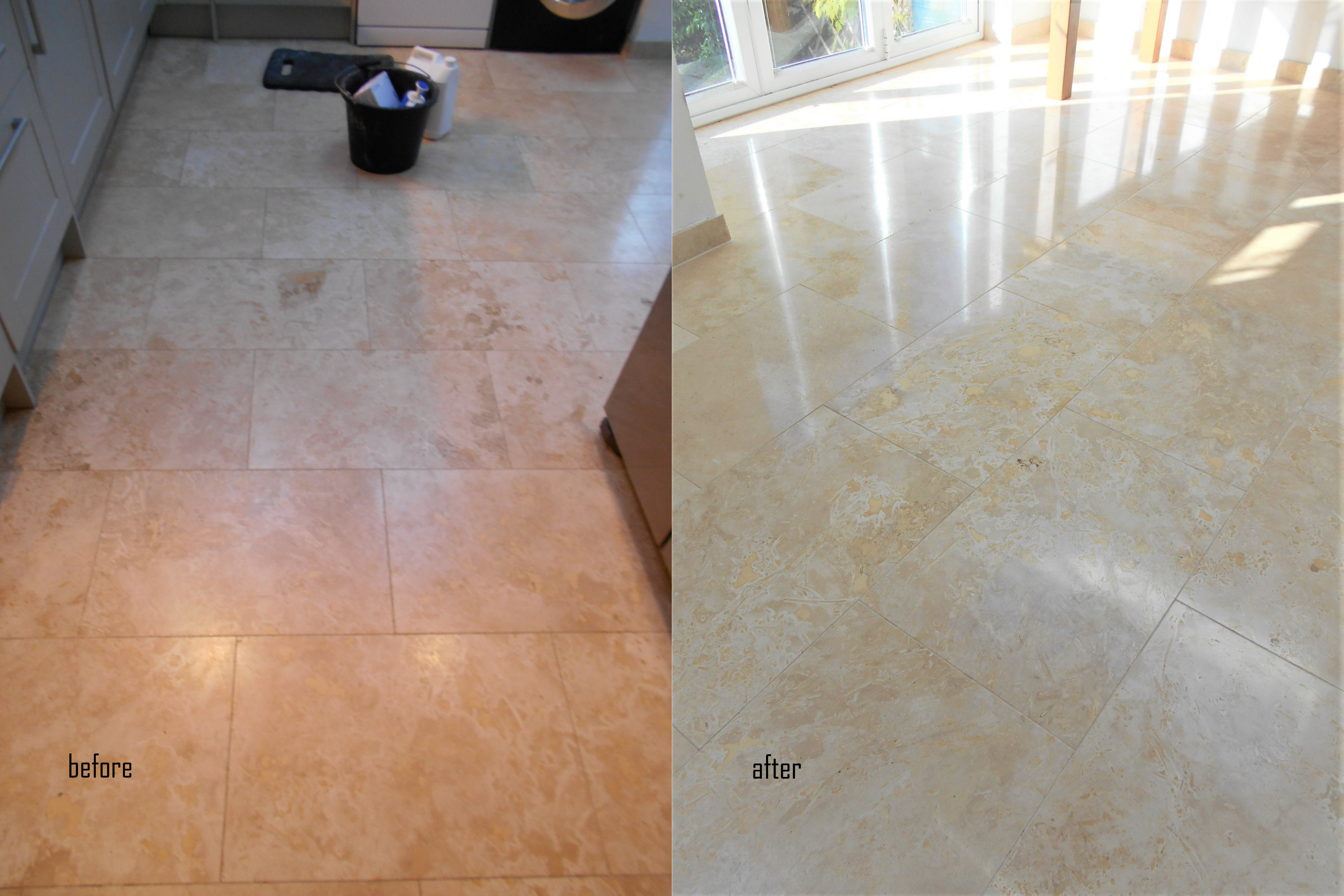limestone tiled kitchen floor polished , before and after