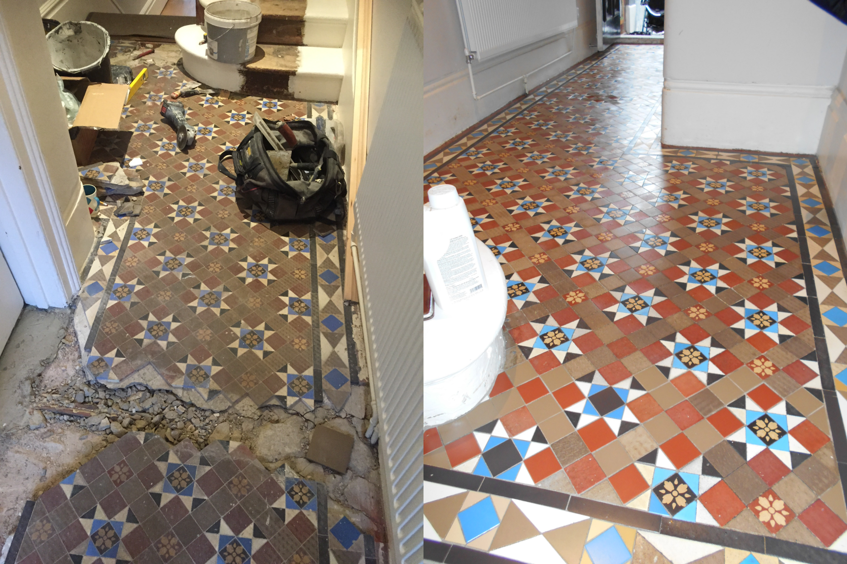 very damaged Victorian hallway tiles completely restored in Potters Bar