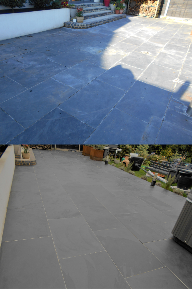 Slate patio Cleaned and refurbished Harpenden Herts