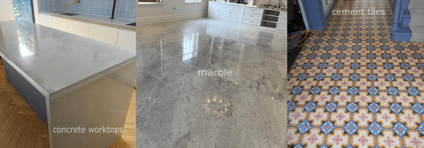header with polished concrete worktop, polished marble tiles and restored cement encaustic tiles