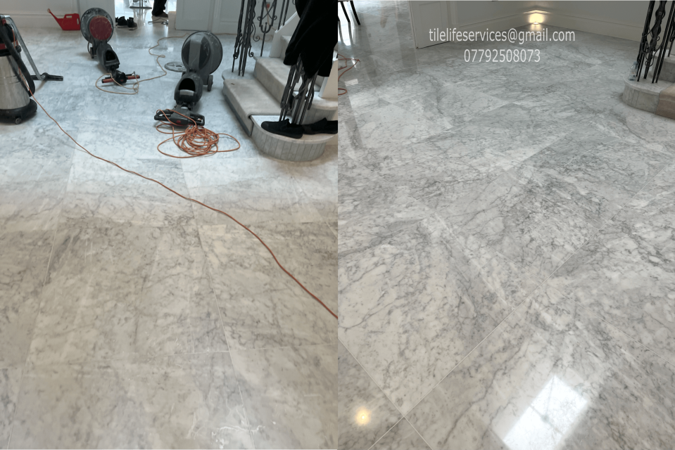 large format lightly coloured carrara marble floor tiles that have been polished and restored in Berkhamsted