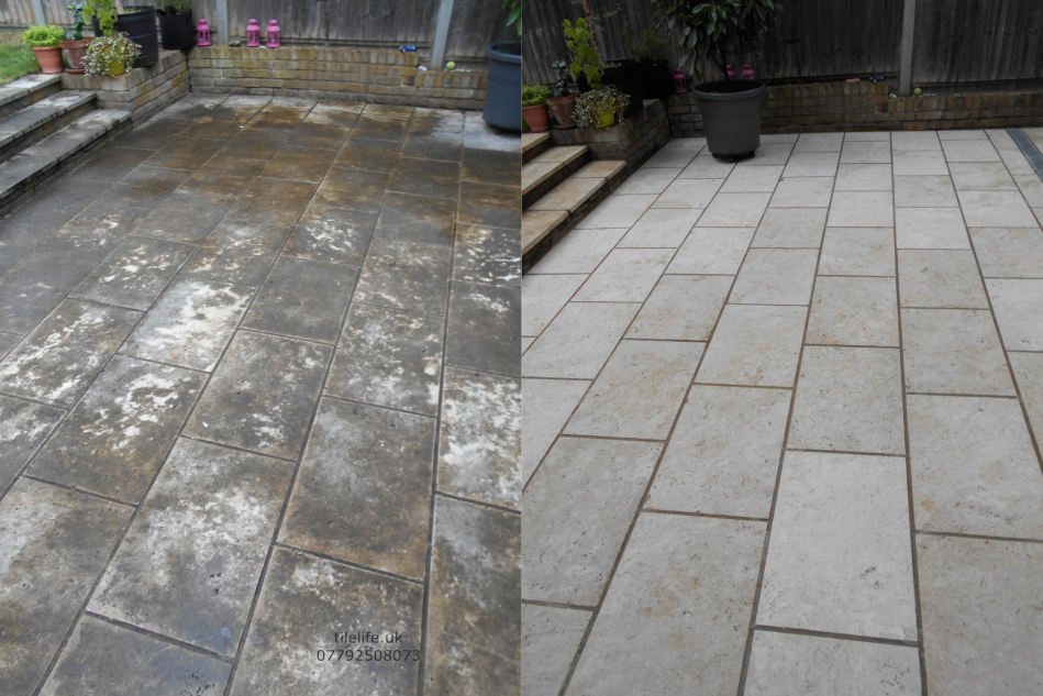 pic shows before and after effect with exterior limestone patio tiles that have been deep cleaned, resurfaced and sealed